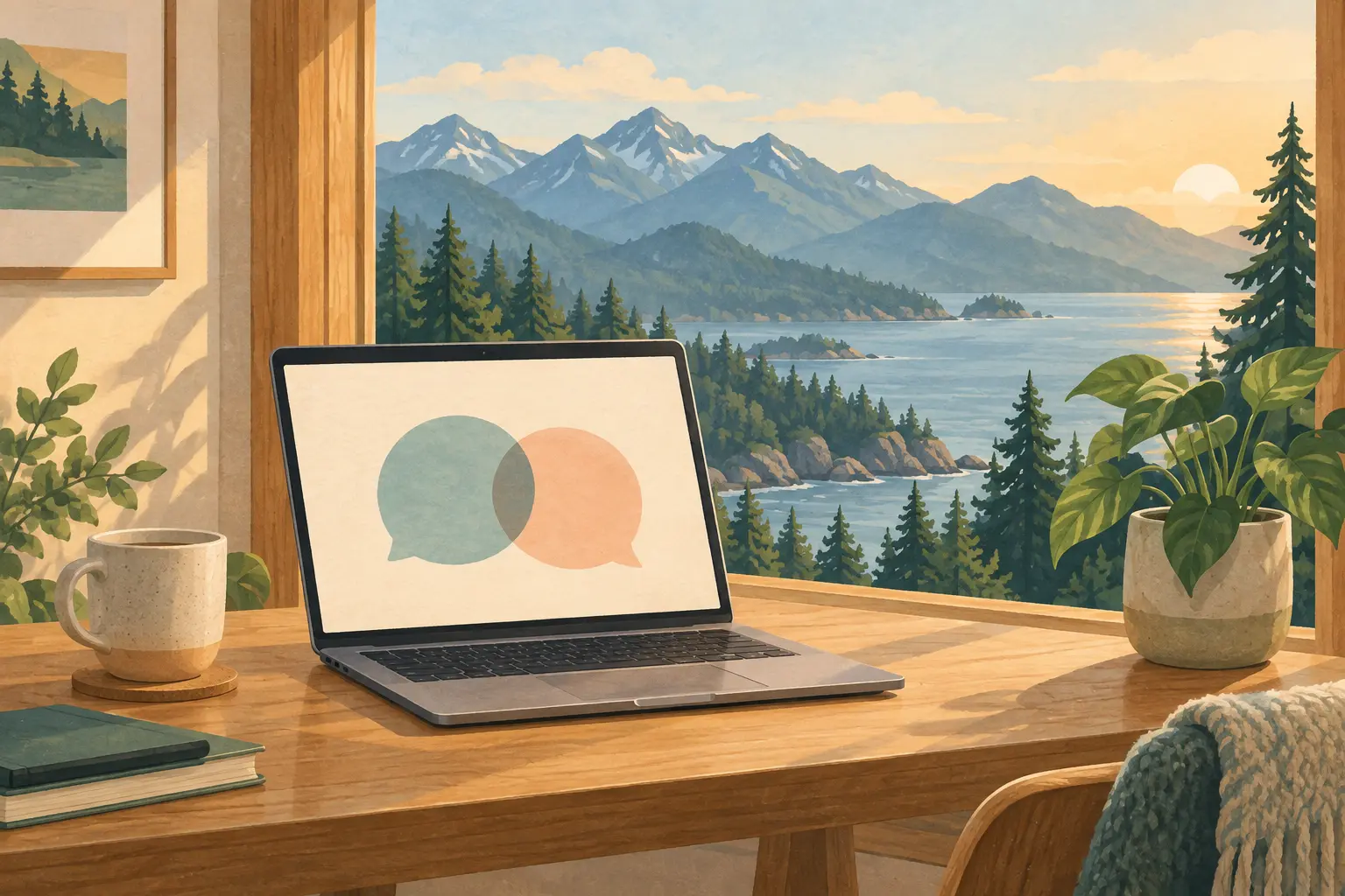 An illustrated laptop beside a window overlooking the mountains and coast of British Columbia